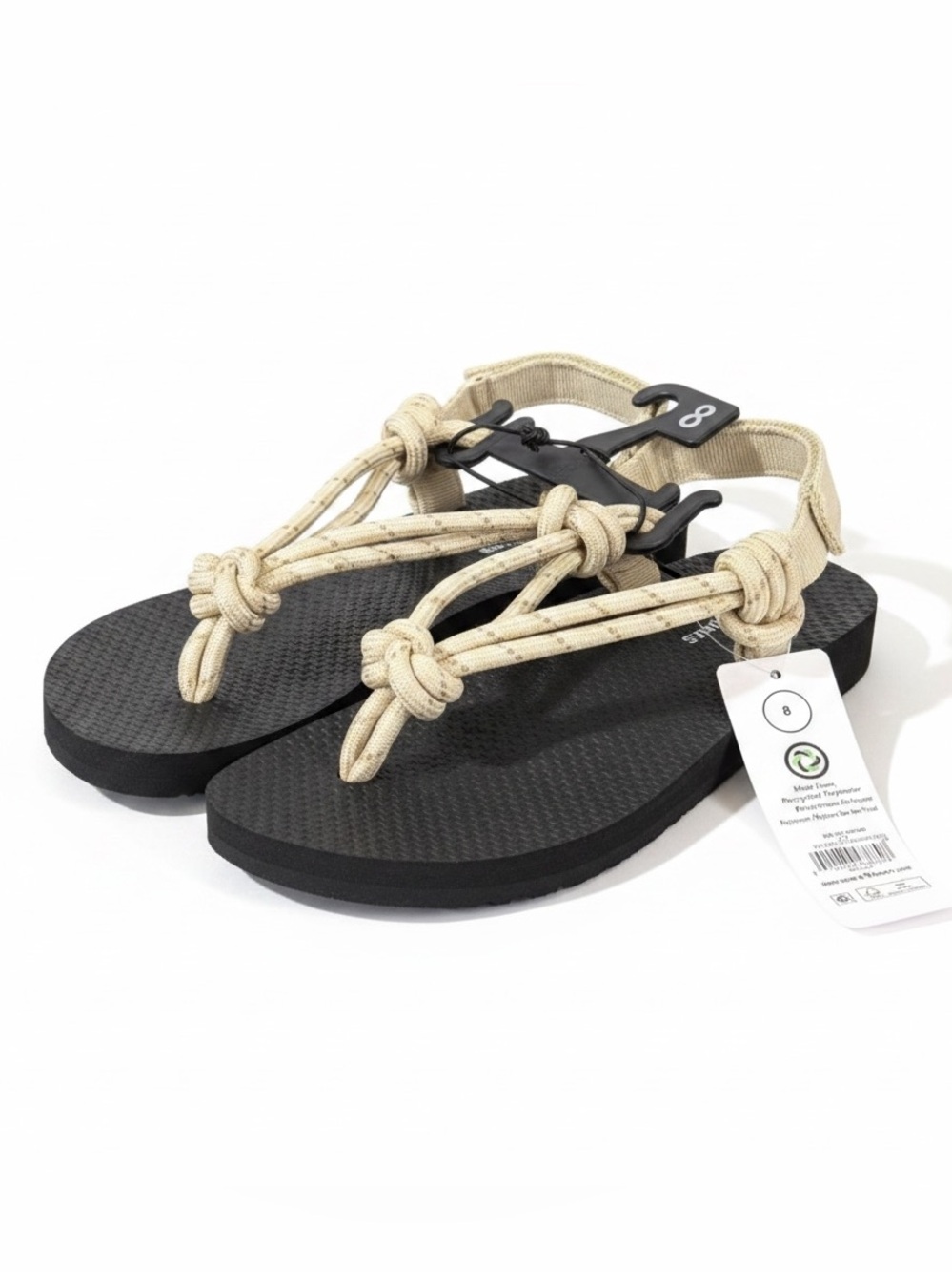 Beige Tan Camo Rope Strap Black Sandals